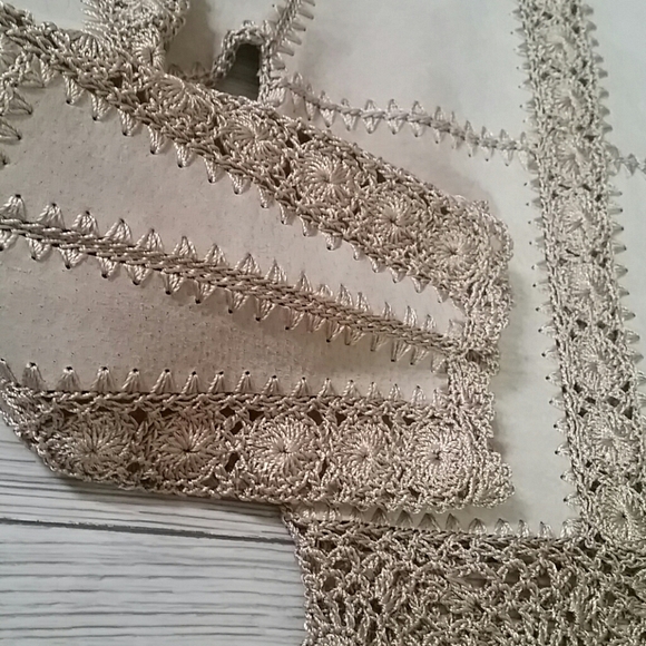 Vintage Patchwork Leather & Crochet Jacket Oatmeal Color M/L - Picture 7 of 9